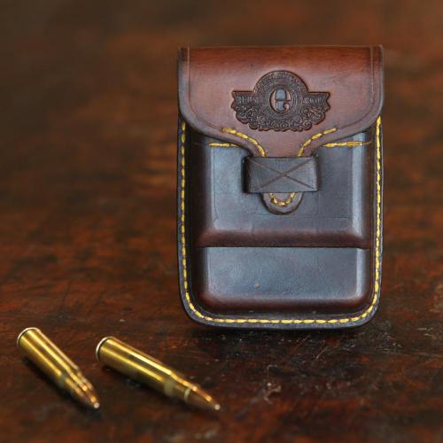 The Rhodes Cartridge Pouch, bullets, leather, handcrafted, yellow stitching, logo, leather merchant, leather merchants