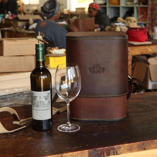 wine bottle, wine glass, leather glass carrier, carrier