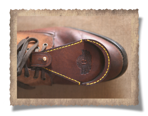 The Darling Toe Guard, yellow stitching, logo, brass stud, leather product, handcrafted, shoes, laces