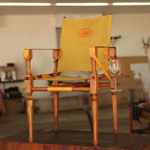 Roorkhee campaign chair, wood legs, leather straps, brass studs, canvas finishes, logo, craftsman, craftsmanship, handcrafted