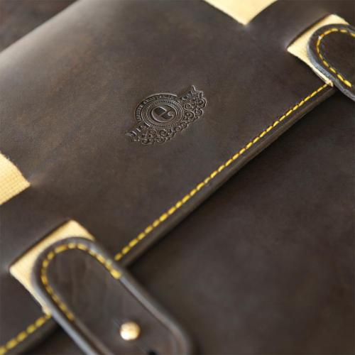 The Johannesburg MacBook Slip, computer, briefcase, carry case, leather product, canvas strap, family crest, embossing, yellow stitching