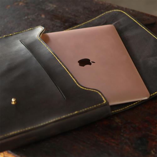 The Johannesburg MacBook Slip, laptop, MacBook, apple, leather product, brass studs, yellow stitching