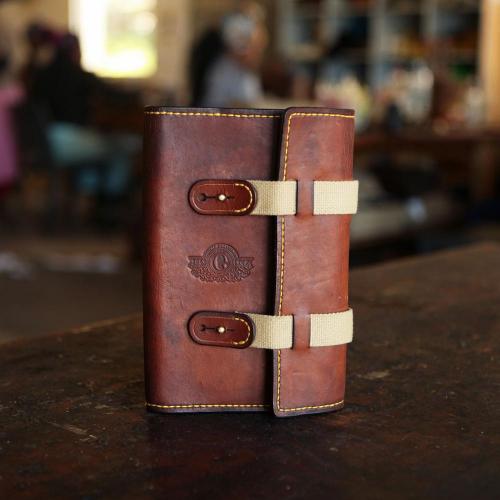 The Johannesburg Journal (A5), brass studs, canvas straps, leather product, logo, handcrafted, yellow stitching