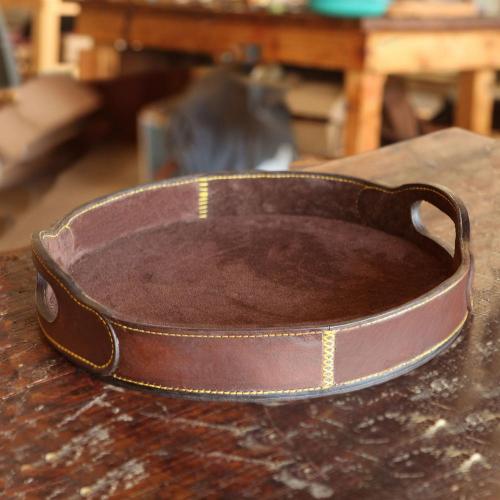 leather tray, round, handmade, suede-lined