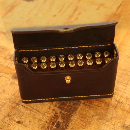 Somerset Closed cartridge pouch, brass stud, yellow stitching, leather products, cartridges, handcrafted