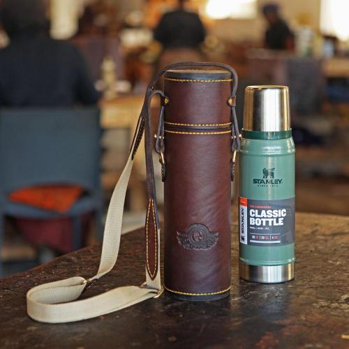 The Diepkloof Flask & Sleeve - 500ml Stanley, yellow stitching, leather products, coffee flask, cotton canvas strap, yellow stitching, logo