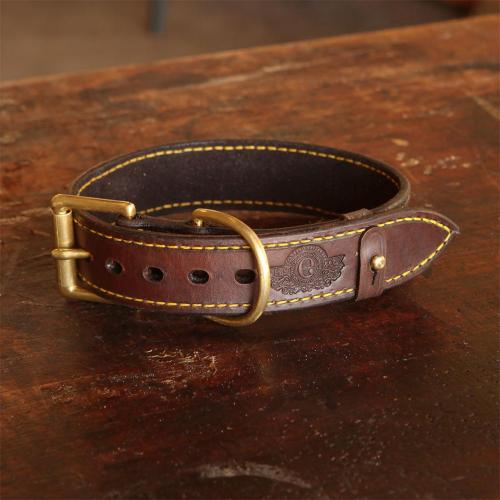 The Simonstown Dog Collar - 32mm Wide, brass buckle, brass finishes, yellow stitching, logo, leather product, handcrafted