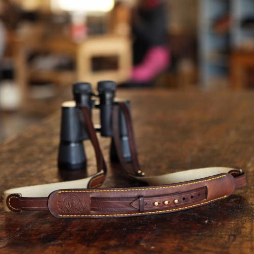 The Sutherland Binocular Sling, leather sling, canvas, brass stud, logo embossing, binoculars